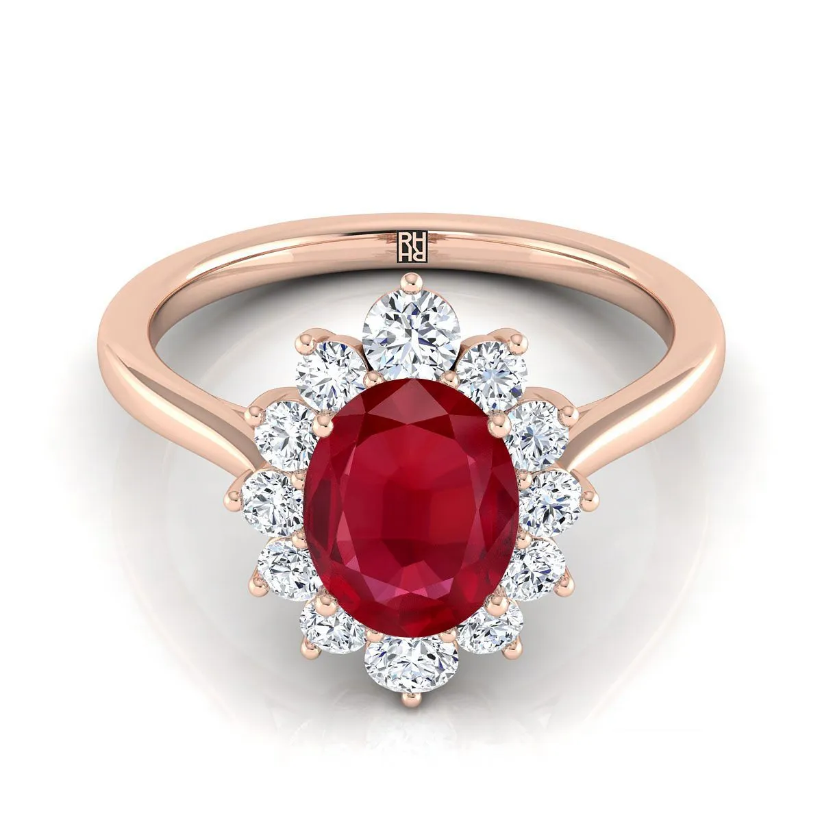 14K Rose Gold Oval Ruby Floral Diamond Halo Engagement Ring -1/2ctw