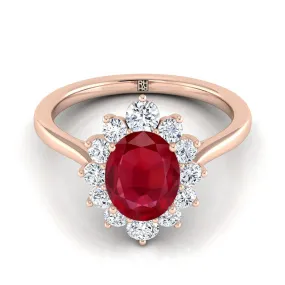 14K Rose Gold Oval Ruby Floral Diamond Halo Engagement Ring -1/2ctw