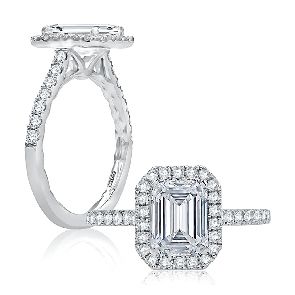 14K White Gold Emerald Cut Center Halo Engagement Ring