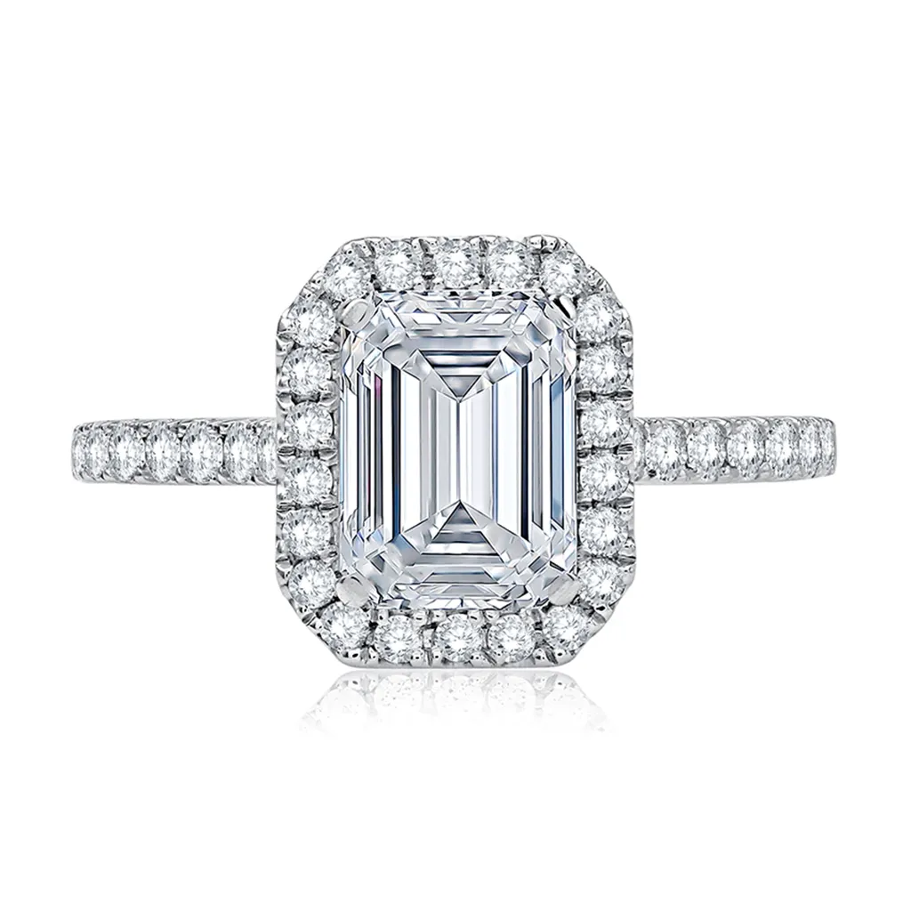 14K White Gold Emerald Cut Center Halo Engagement Ring