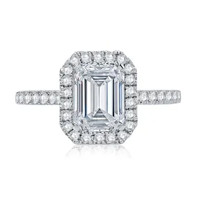 14K White Gold Emerald Cut Center Halo Engagement Ring