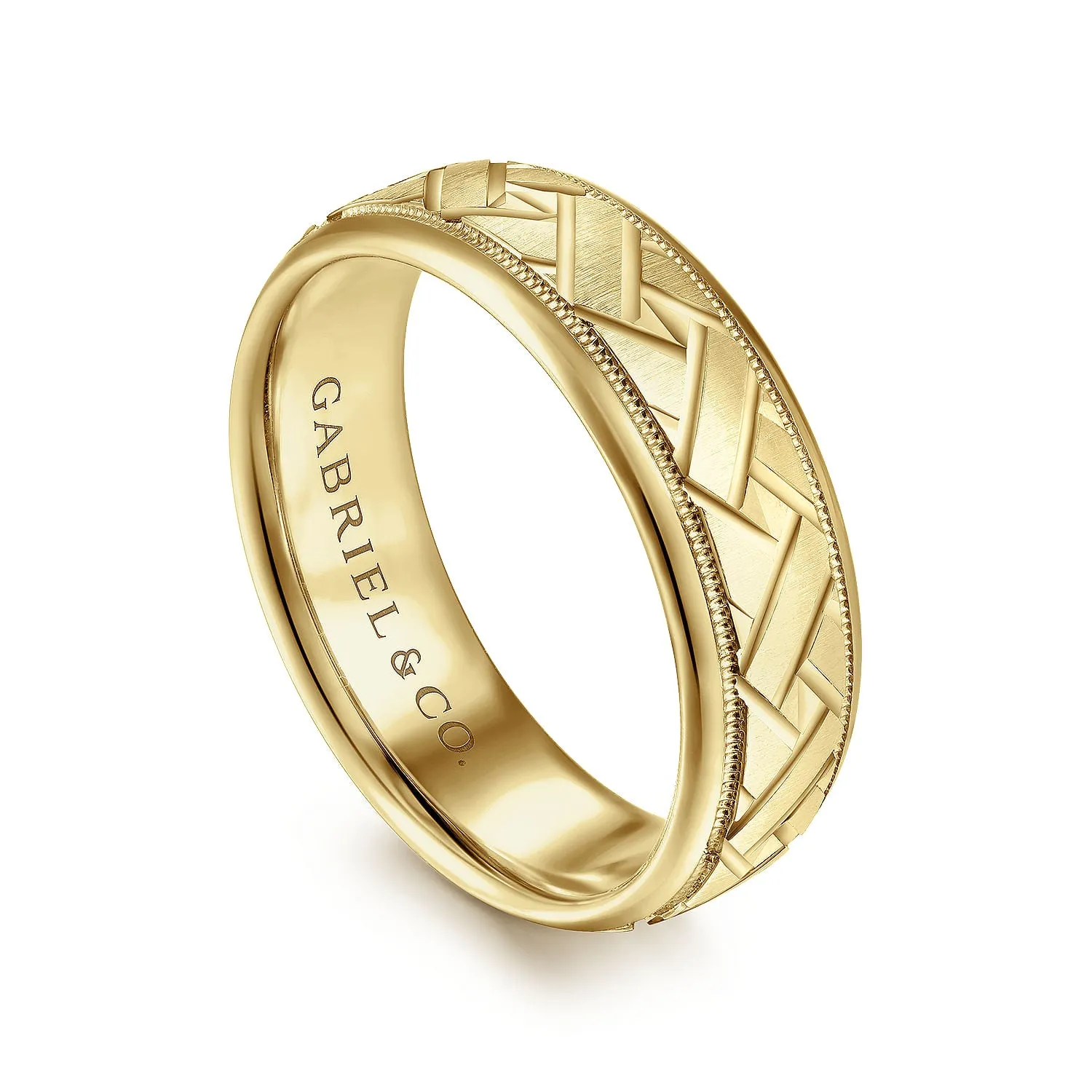 14K Yellow Gold 7mm - Engraved Woven Men's Wedding Band in Satin Finish