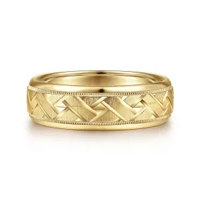 14K Yellow Gold 7mm - Engraved Woven Men's Wedding Band in Satin Finish