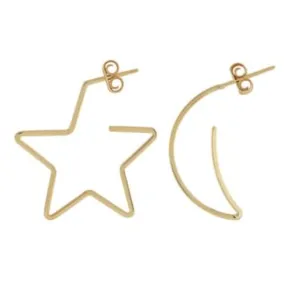 14k Yellow Gold Moon & Star Hoop Earrings