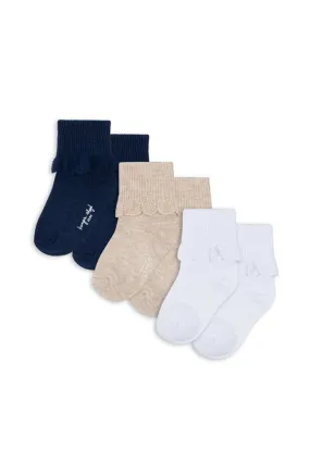 3 Pack Frill Socks - White/Navy/Beige