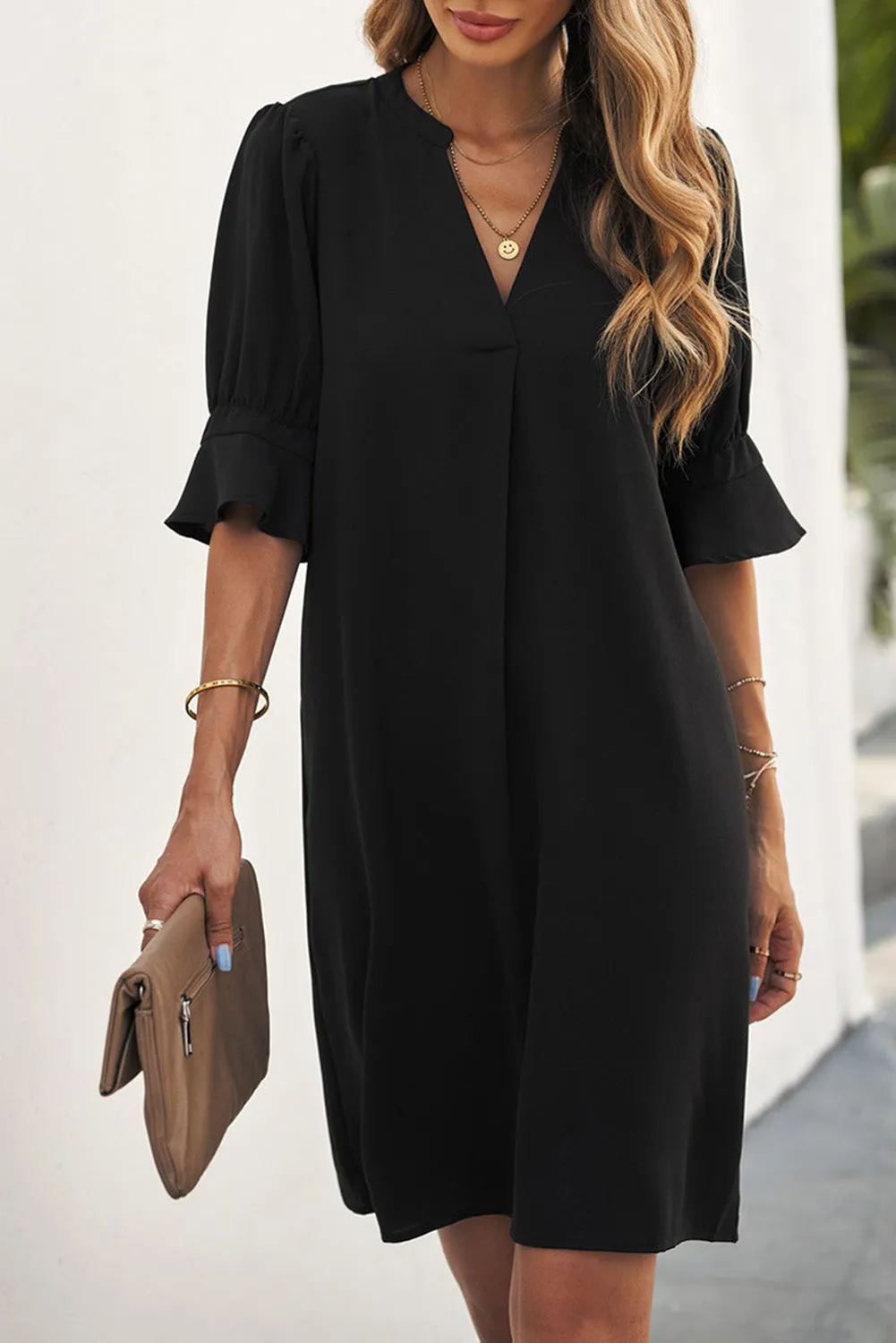 Black Ruffled Sleeve Shift Dress