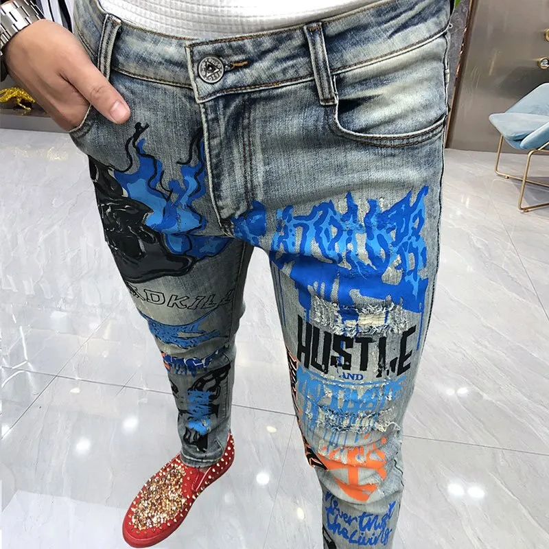 Blue Abstract Art Graffiti Jeans