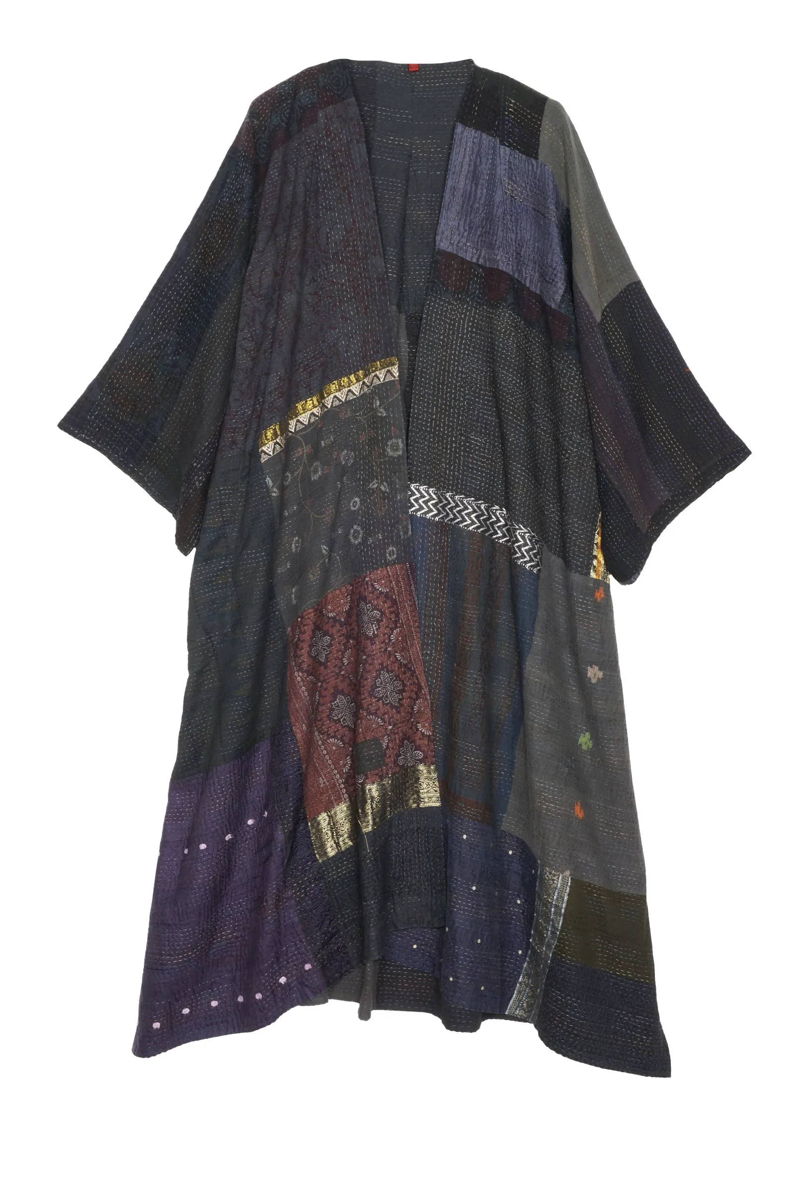 COTTON SILK SW PATCH KANTHA KIMONO MAXI - ws2318-blk -