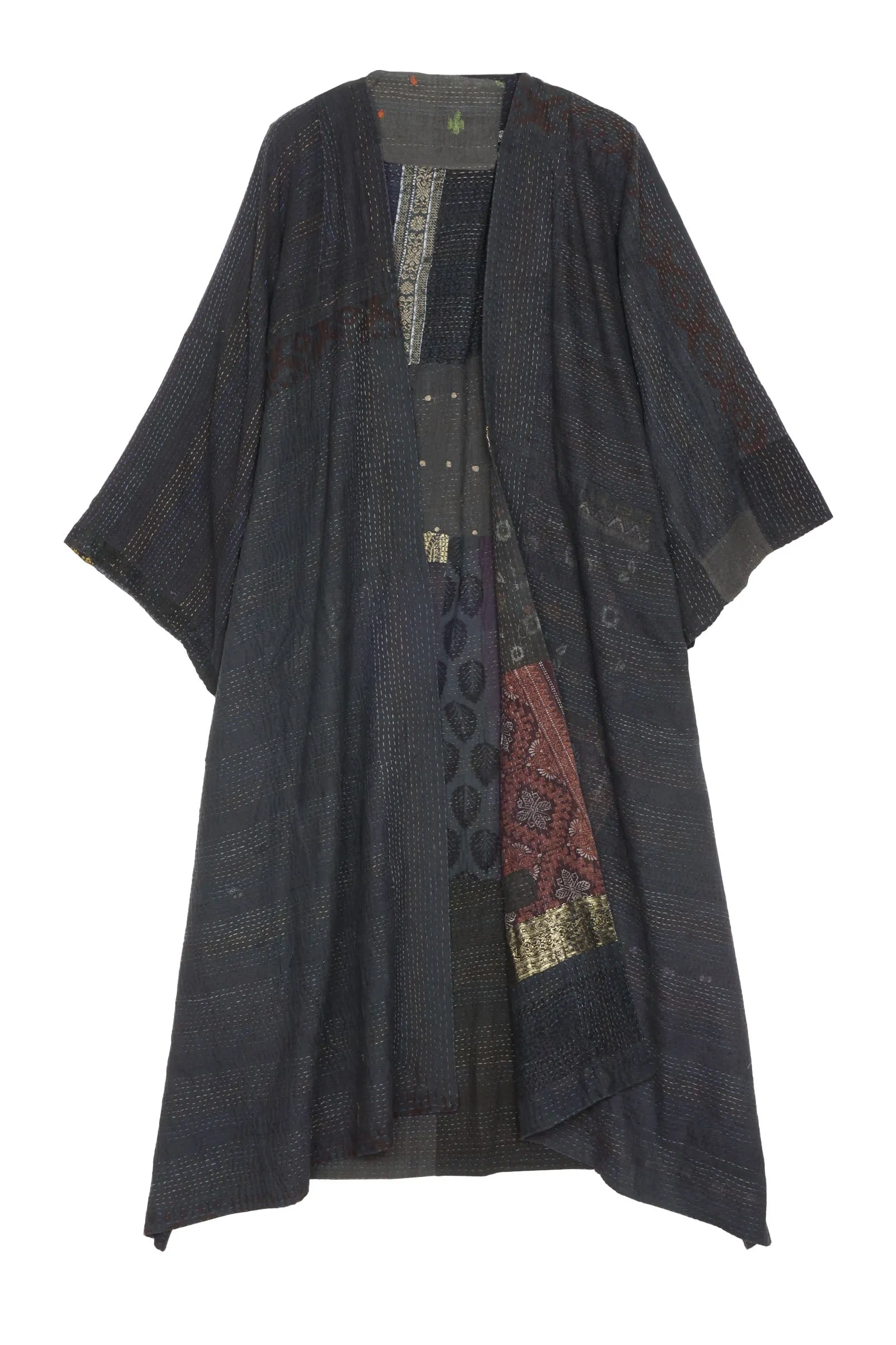 COTTON SILK SW PATCH KANTHA KIMONO MAXI - ws2318-blk -