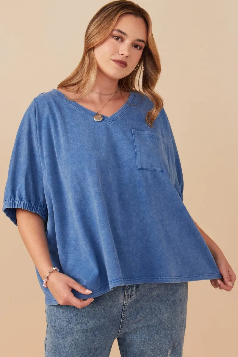 Felicity Washed V-Neck Tee, Blue | Plus Size