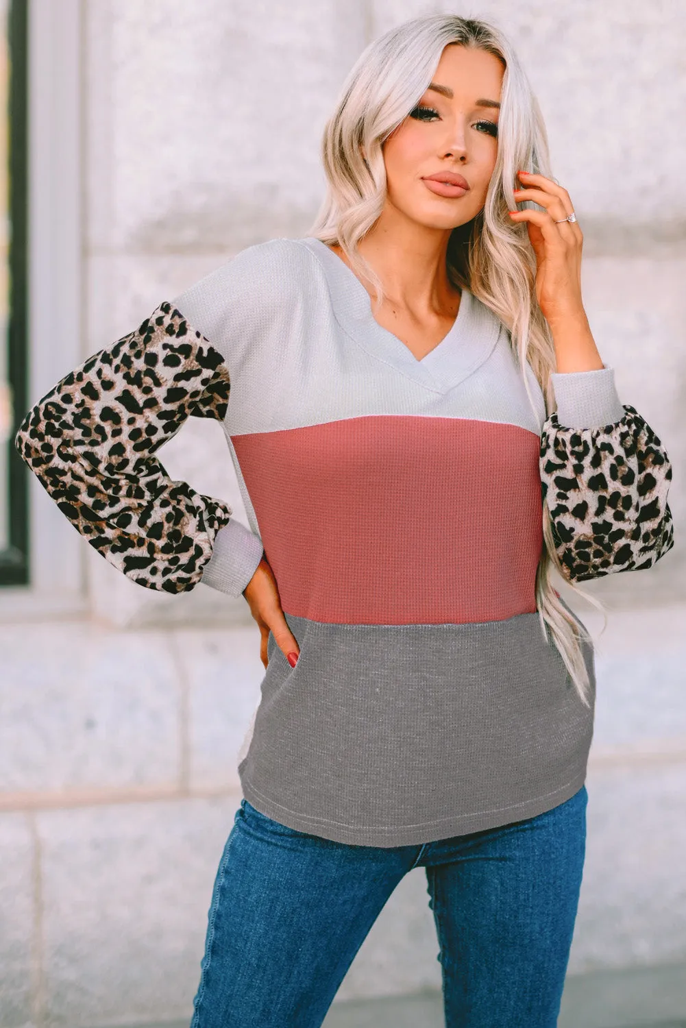 Fiery Red Wild Leopard Contrast Sleeve Colorblock Waffle Knit Top