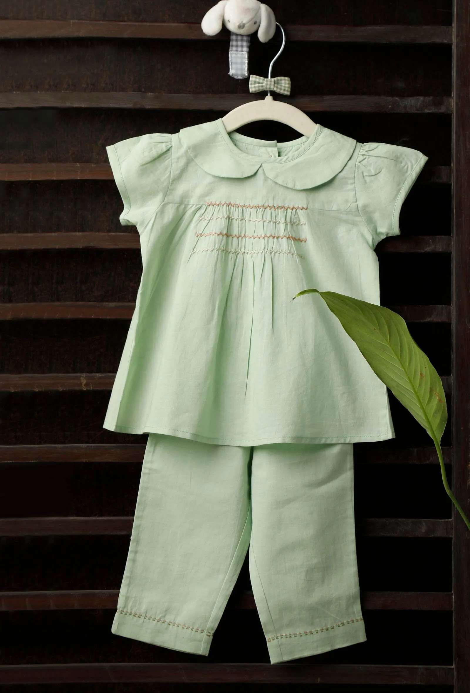 Green Peter Pan Collar Bamboo Fabric Top And Pant