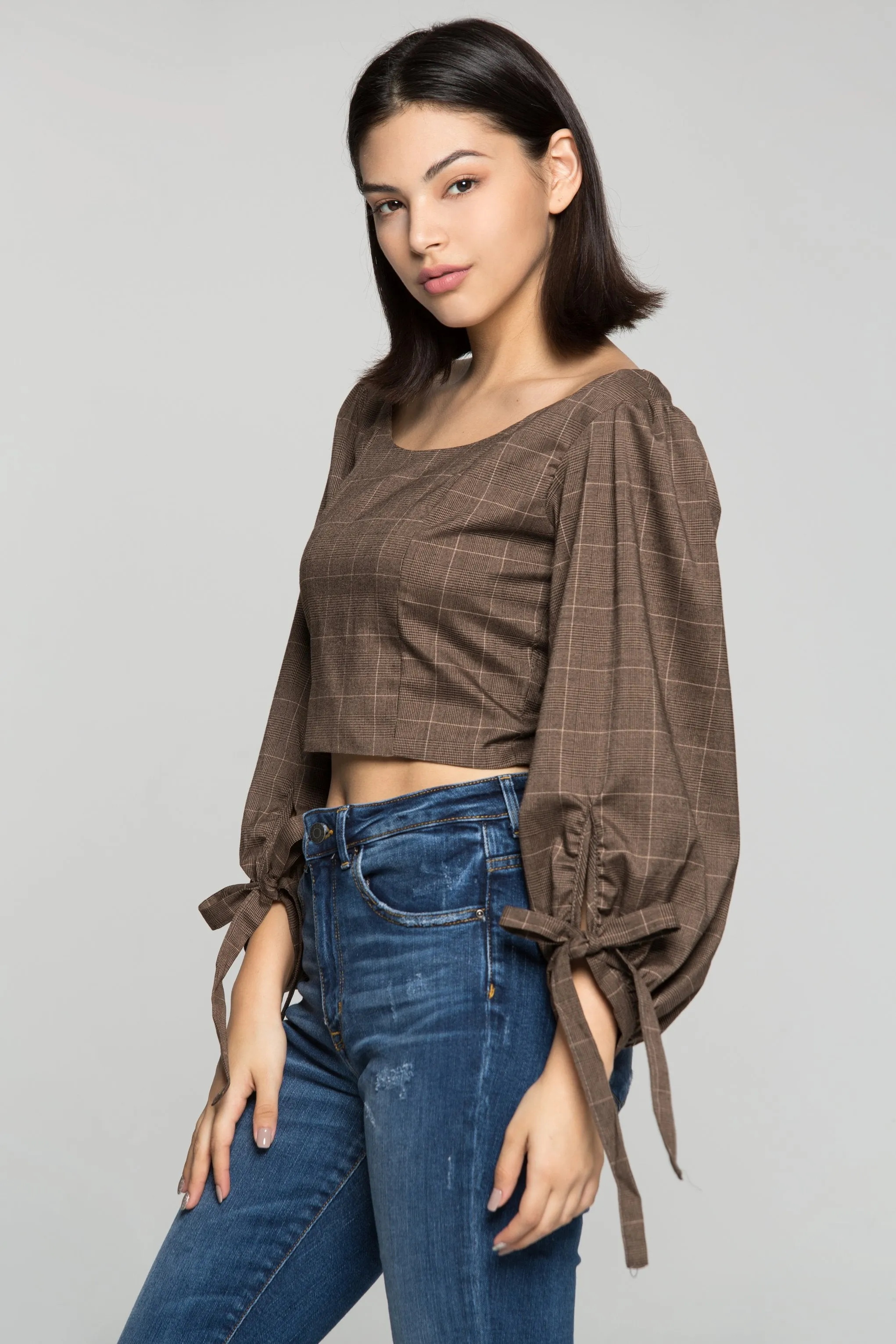 Grey Window Check Print Knotted Crop Top