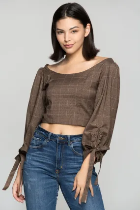 Grey Window Check Print Knotted Crop Top