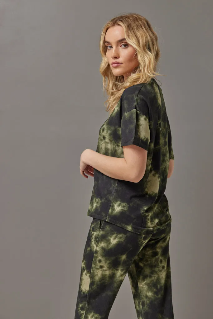 Majestic French Tie Dye Semi Relaxed V Neck in Kaki