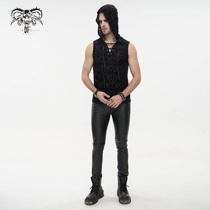 Men's Gothic Strappy Floral Printed Tank Top with Hood