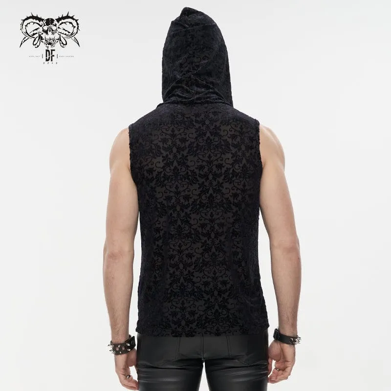 Men's Gothic Strappy Floral Printed Tank Top with Hood