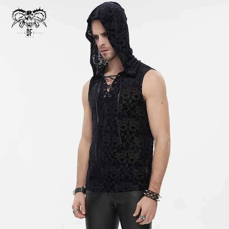 Men's Gothic Strappy Floral Printed Tank Top with Hood