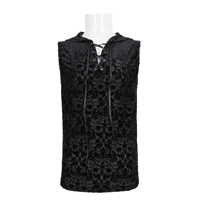 Men's Gothic Strappy Floral Printed Tank Top with Hood