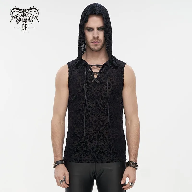 Men's Gothic Strappy Floral Printed Tank Top with Hood