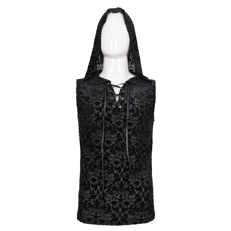 Men's Gothic Strappy Floral Printed Tank Top with Hood