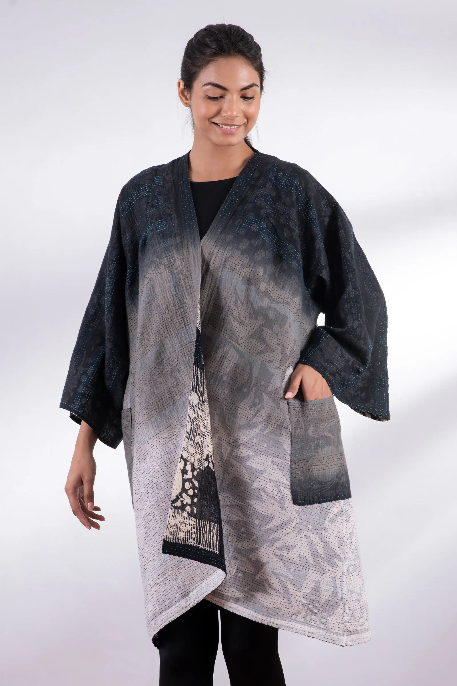 MONOTONE TWILIGHT PRINT KANTHA KIMONO DUSTER - tp2317-blk -