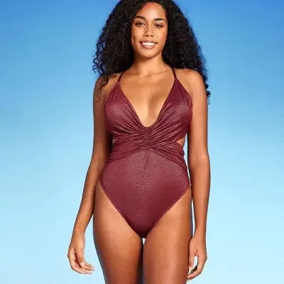 New - Shade & Shore Women's Plunge Deep V Neck One Piece Swimsuit High Leg