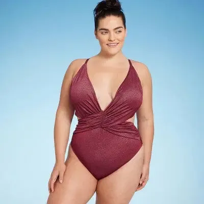 New - Shade & Shore Women's Plunge Deep V Neck One Piece Swimsuit High Leg