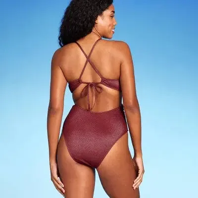 New - Shade & Shore Women's Plunge Deep V Neck One Piece Swimsuit High Leg