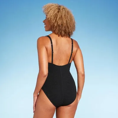 New - Shade & Shore Women's Pucker High Leg One Piece Swimsuit Square Neck