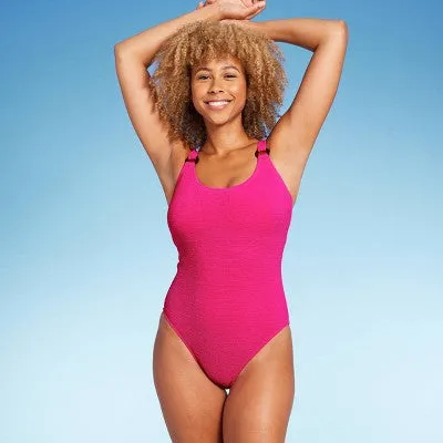 New - Shade & Shore Women's Pucker High Leg One Piece Swimsuit Square Neck