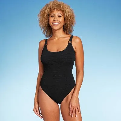 New - Shade & Shore Women's Pucker High Leg One Piece Swimsuit Square Neck