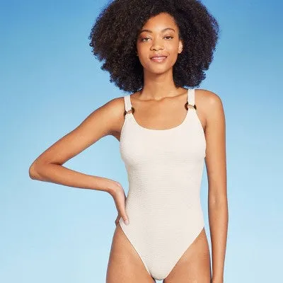 New - Shade & Shore Women's Pucker High Leg One Piece Swimsuit Square Neck