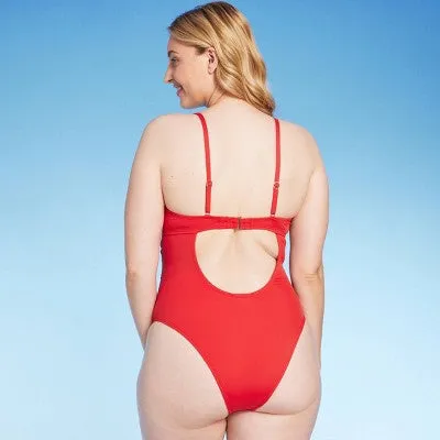 New - Shade & Shore Women's Underwire Extra Cheeky One Piece Swimsuit High Leg Red 34C