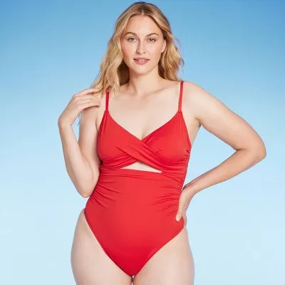 New - Shade & Shore Women's Underwire Extra Cheeky One Piece Swimsuit High Leg Red 34C