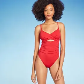 New - Shade & Shore Women's Underwire Extra Cheeky One Piece Swimsuit High Leg Red 34C