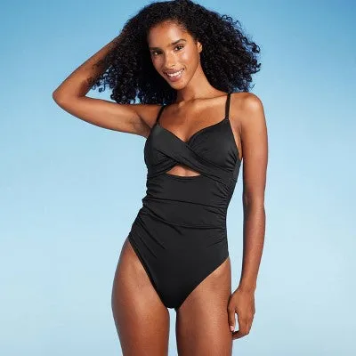 New - Shade & Shore Women's Underwire One Piece Swimsuit High Leg, Black 34B