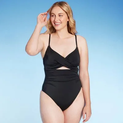 New - Shade & Shore Women's Underwire One Piece Swimsuit High Leg, Black 34B