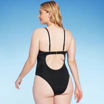 New - Shade & Shore Women's Underwire One Piece Swimsuit High Leg, Black 34DD