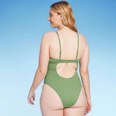 New - Shade & Shore Women's Underwire One Piece Swimsuit High Leg, Green 34C