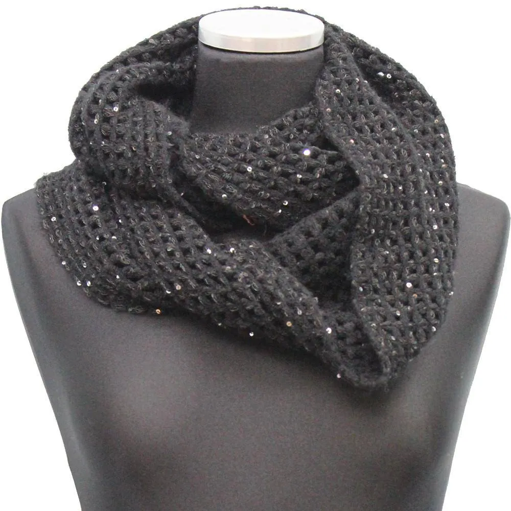 Open Crochet Infinity Muffler w/ Sequins-Black