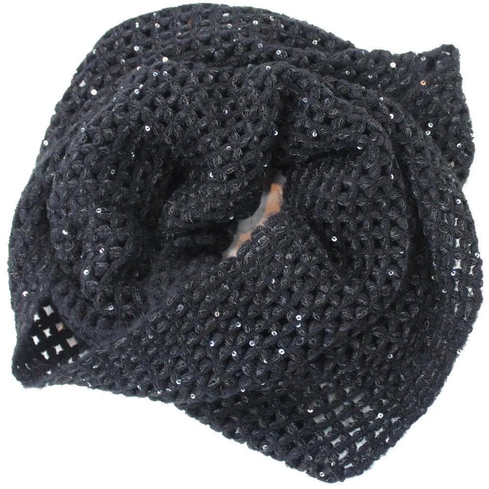 Open Crochet Infinity Muffler w/ Sequins-Black