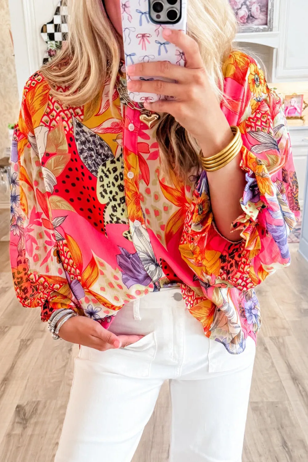 Red Abstract Floral Print Buttoned Ruffle Bubble Sleeve Shirt