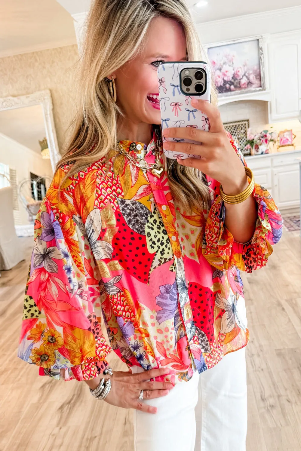 Red Abstract Floral Print Buttoned Ruffle Bubble Sleeve Shirt