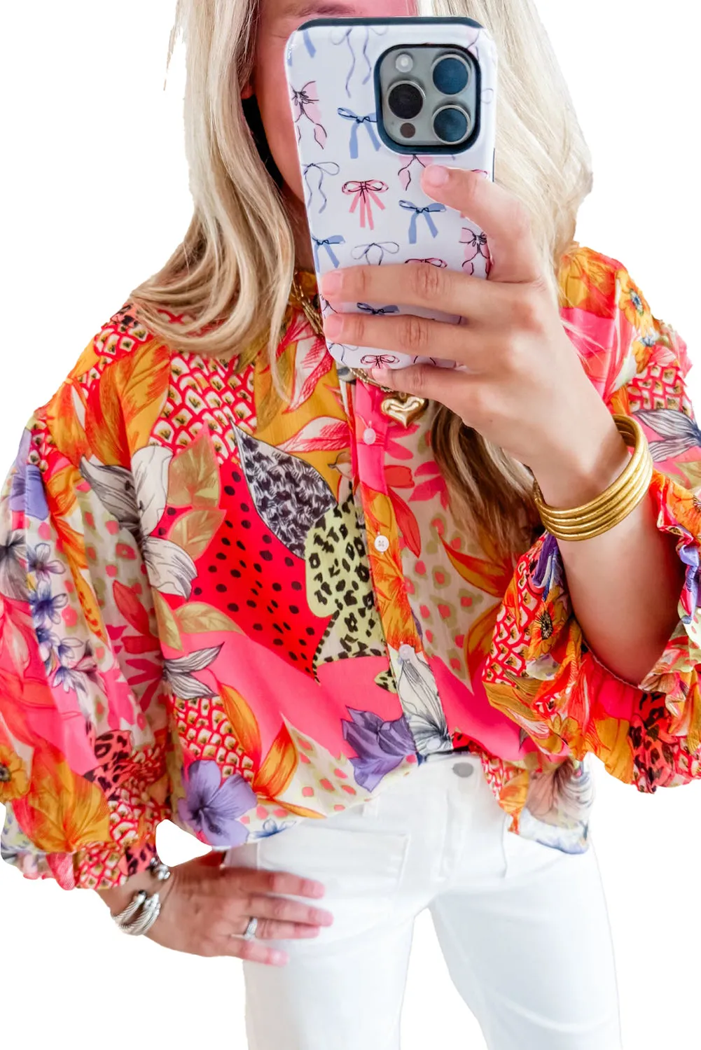 Red Abstract Floral Print Buttoned Ruffle Bubble Sleeve Shirt