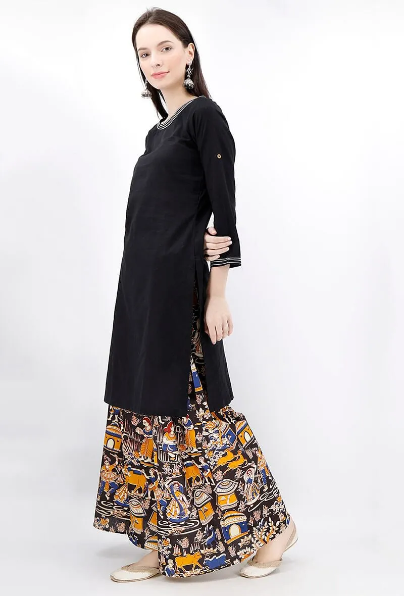 Set of 2 - Black Cotton Kurta And Deep Berry Kalamkari Palazzo