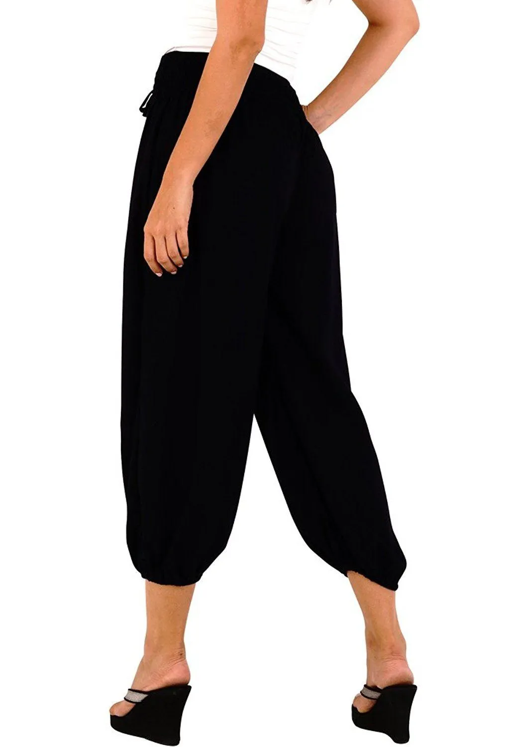 SHU-SHI Women's Boho Harem Capris Pants with Elastic Waist and Side Pockets