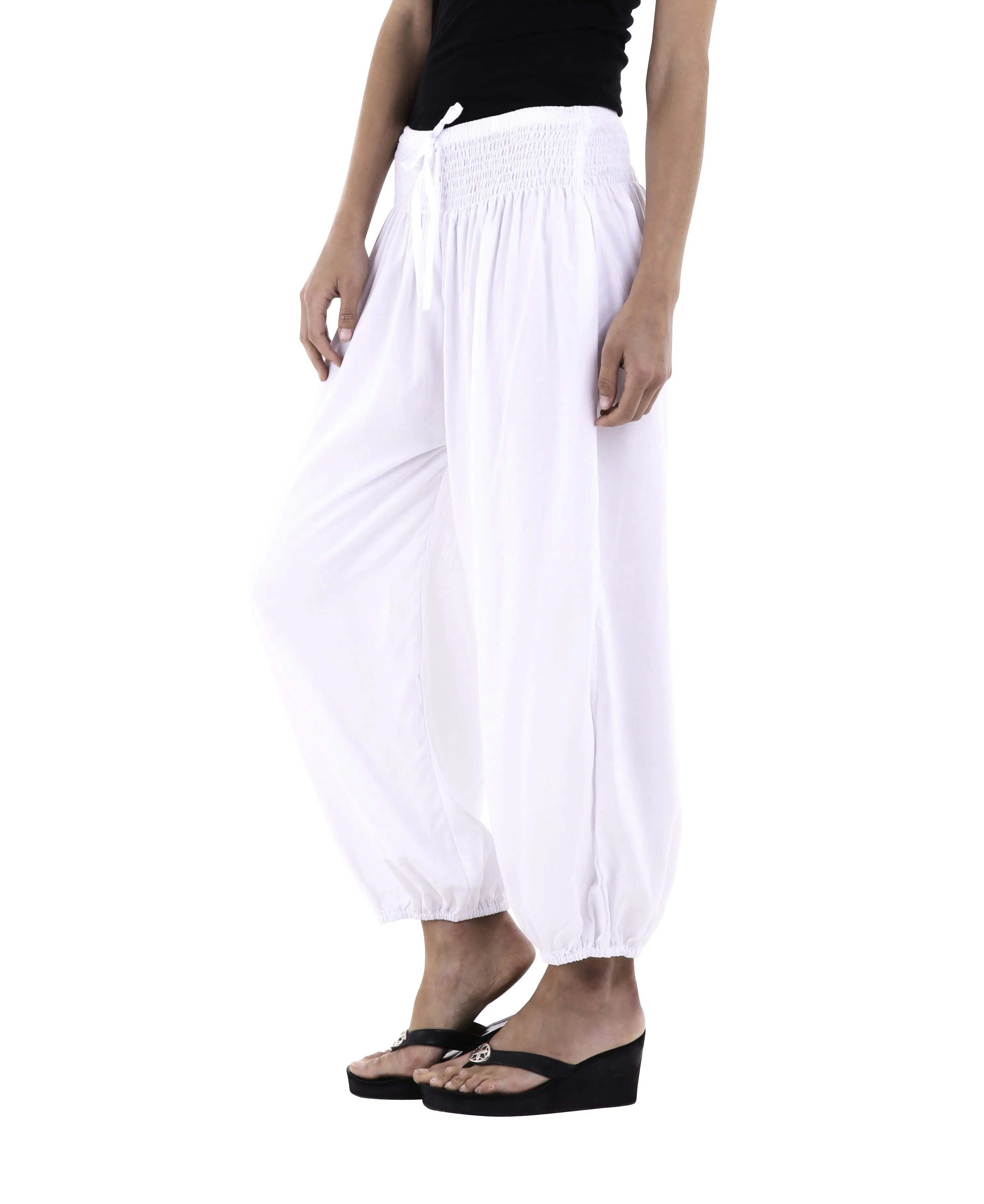 SHU-SHI Women's Boho Harem Capris Pants with Elastic Waist and Side Pockets