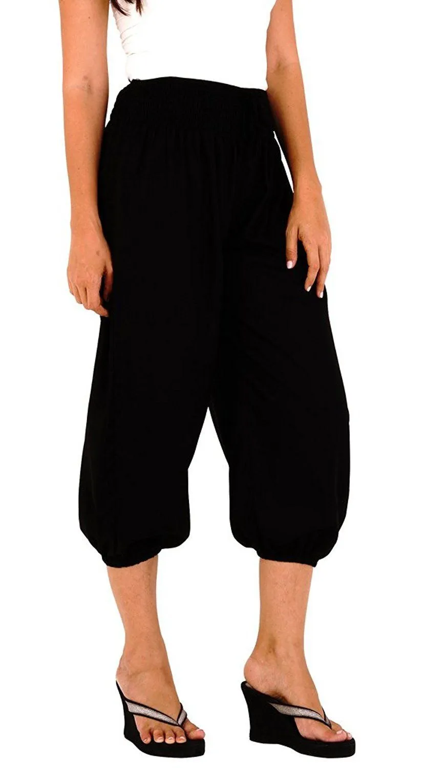 SHU-SHI Women's Boho Harem Capris Pants with Elastic Waist and Side Pockets