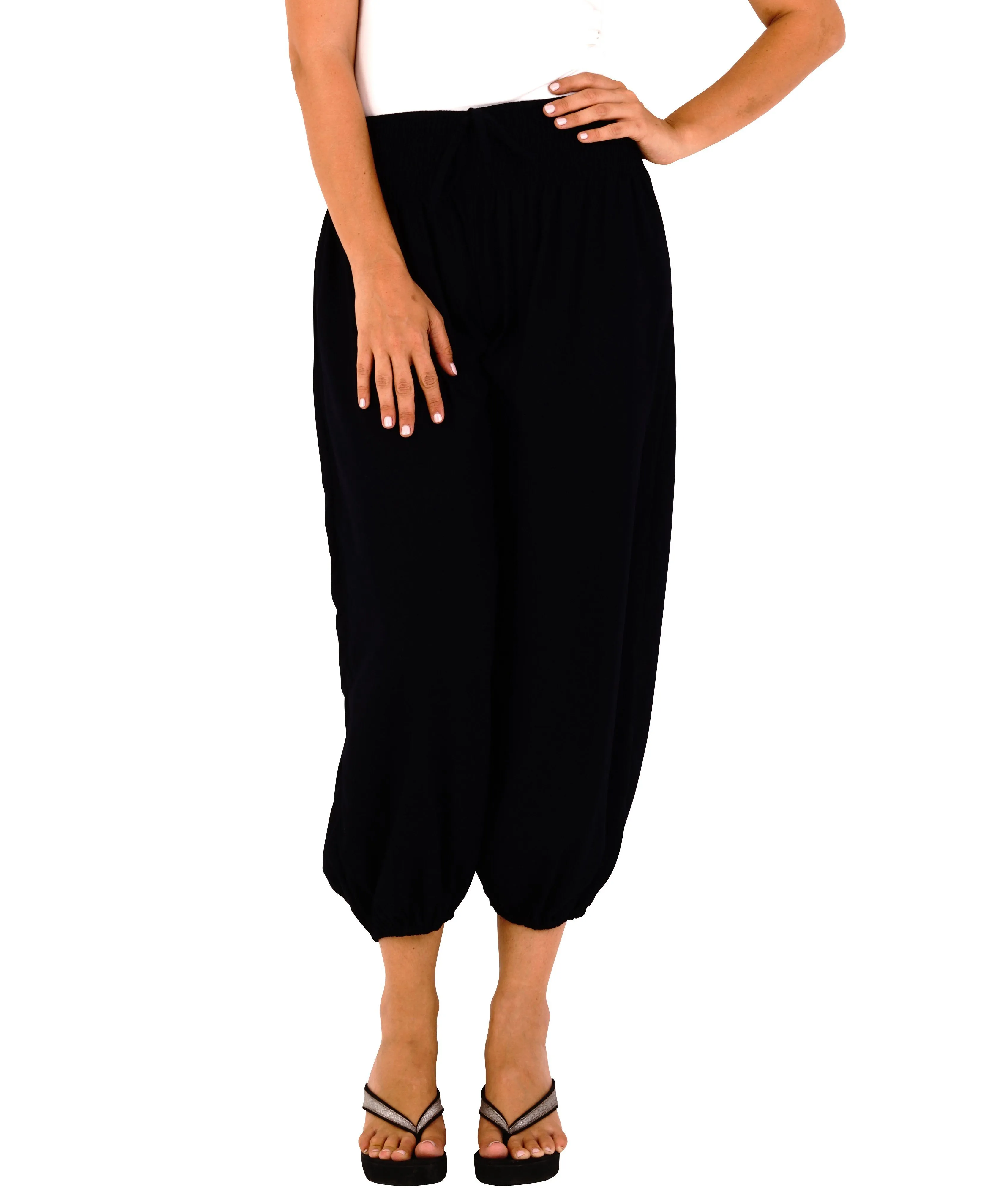 SHU-SHI Women's Boho Harem Capris Pants with Elastic Waist and Side Pockets